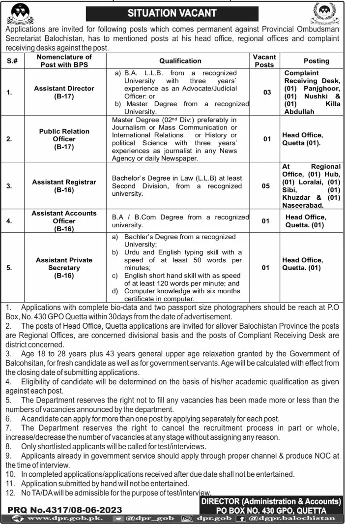 Provincial Ombudsman Secretariat Balochistan Jobs 2023 – Provincial Ombudsman Mohtasib Secretariat Balochistan Jobs 2023 — original advertisement