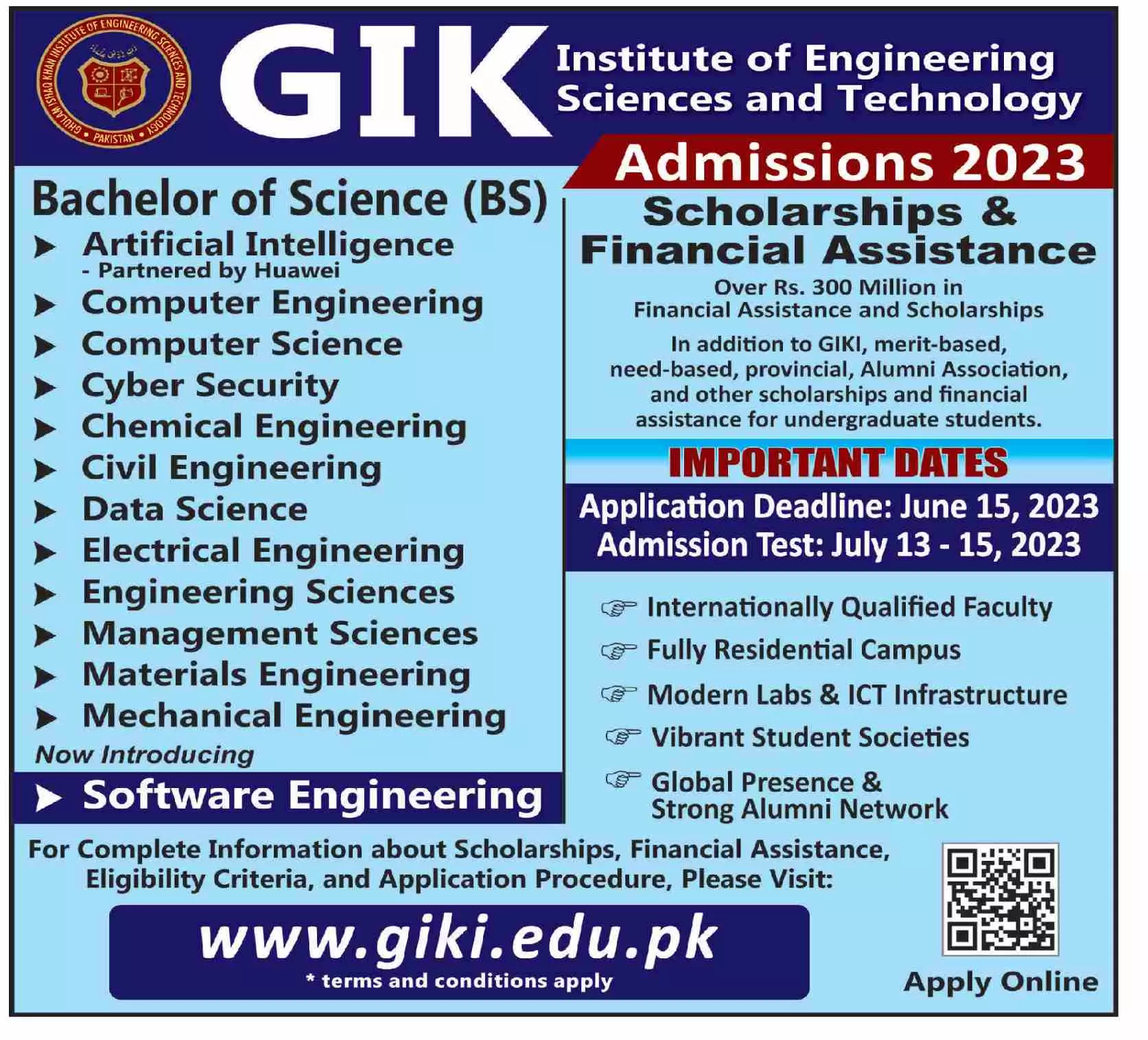 Ghulam Ishaq Khan Institute Engineering Sciences Admission – Ghulam Ishaq Khan GIK Institute of Engineering Sciences and Technology Swabi Admissions 2023 — original advertisement