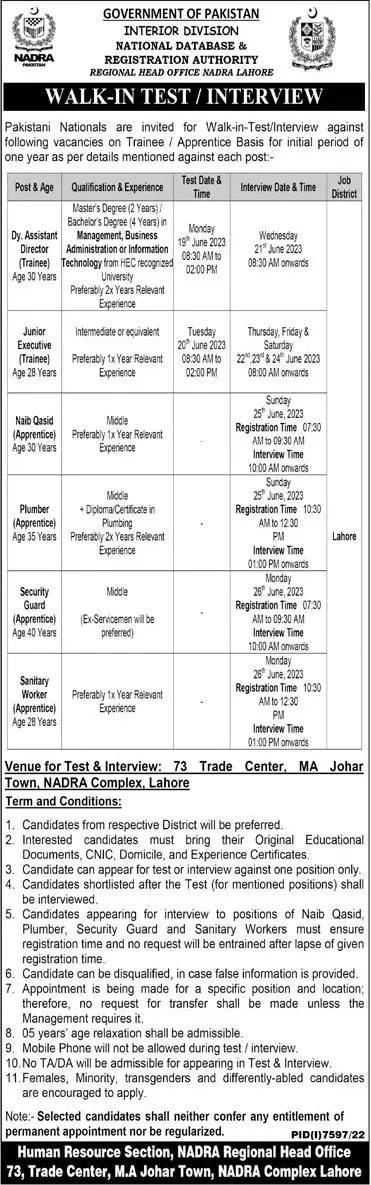National Data Base and Registration Lahore Jobs 2023 – National Database and Registration Authority Jobs 2023 — original advertisement