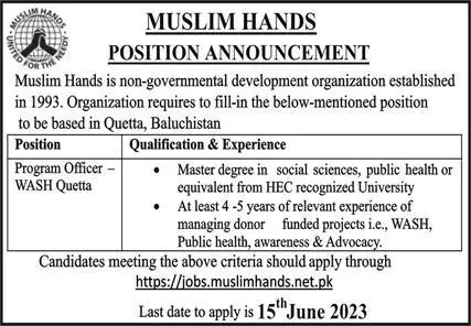 Muslim Hands NGO Quetta Jobs 2023 Jobs 2023 — original advertisement