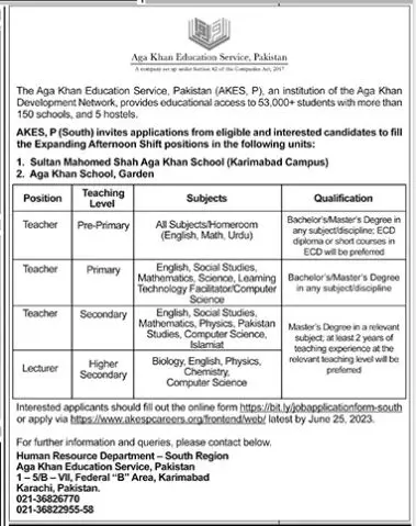 Agha khan Education Service Pakistan Karachi Jobs 2023 – Aga Khan Education Service Pakistan Jobs 2023 — original advertisement