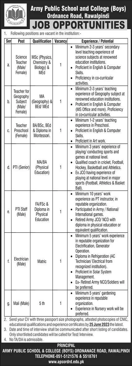 Army Public School and College boys Rawalpindi Jobs 2023 – Army Public School & College Paksitan Jobs 2023 — original advertisement