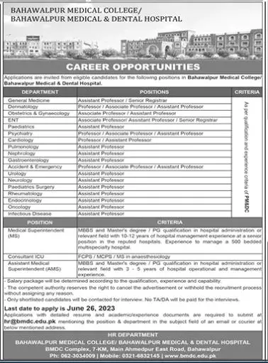 Bahawalpur Medical and Dental Hospital Jobs 2023 – Bahawalpur medical and Dental College Jobs 2023 — original advertisement