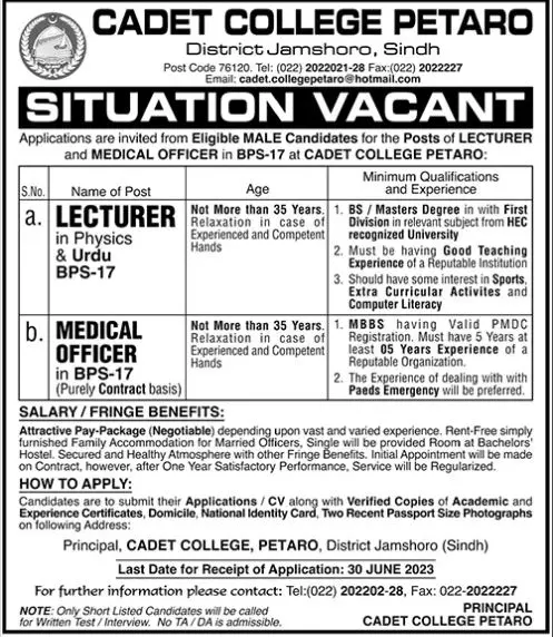 Cadet College Petaro District Jamshoro Jobs 2023 Jobs 2023 — original advertisement