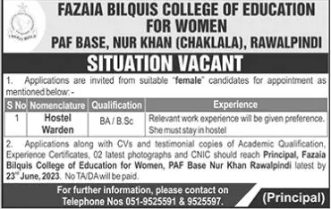 Fazaia Bilquis College of Education For Women Rawalpindi Job – Fazaia Schools & Colleges Jobs 2023 — original advertisement