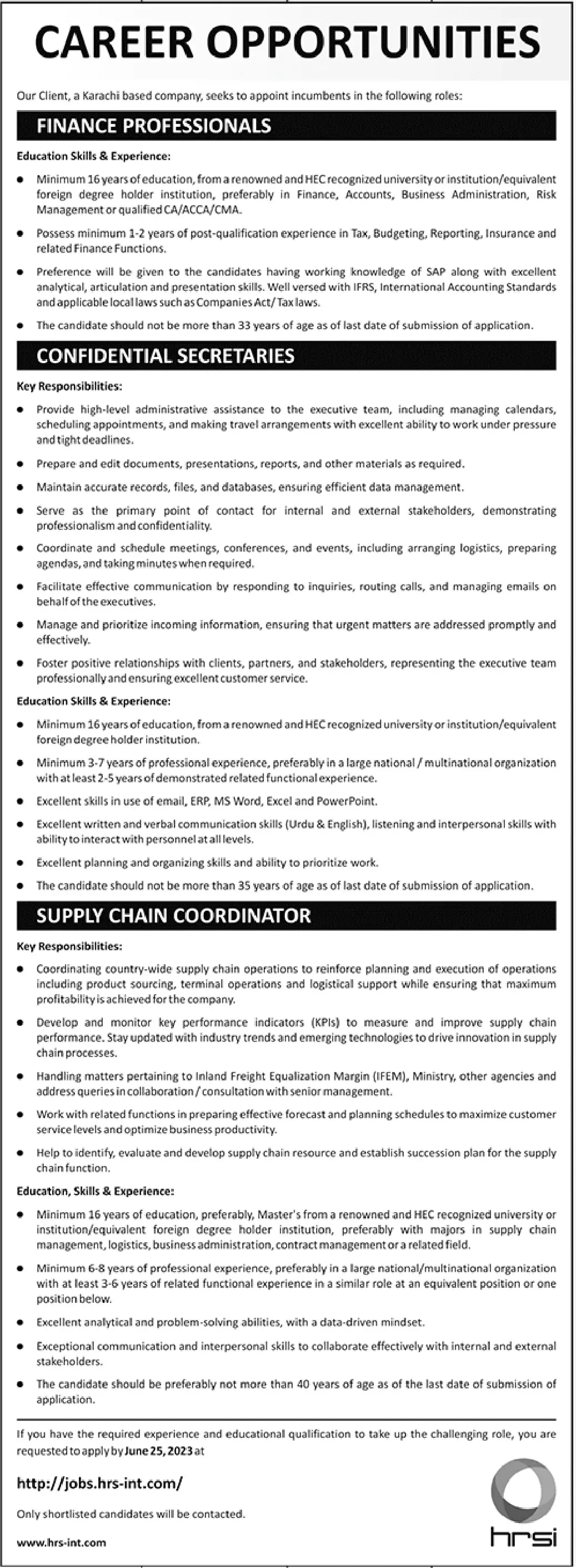 Karachi Based Company Jobs 2023 – Private Company Jobs 2023 — original advertisement