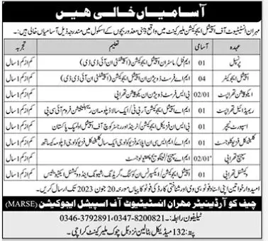 Mehran Institute of Special Education Malir Cantt Jobs 2023 – Pakistan Army Jobs 2023 — original advertisement