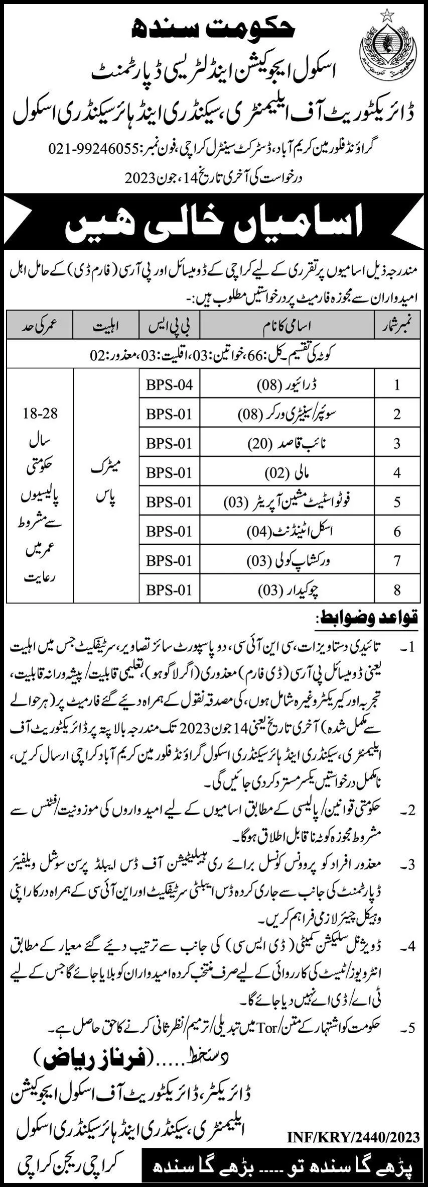 School Education & Literacy Department Job Karachi 2023 – School Education & Literacy Department Sindh Jobs 2023 — original advertisement