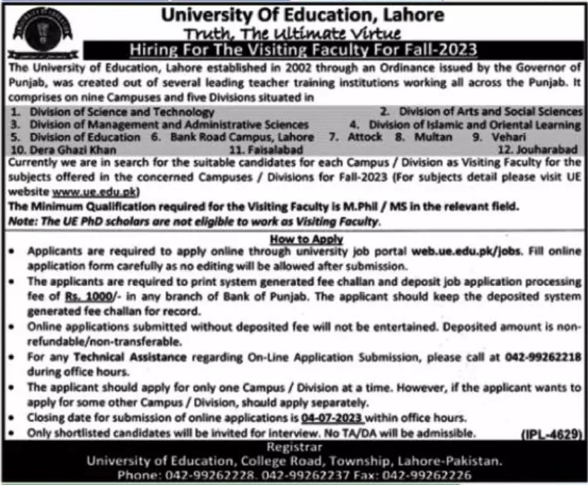University Of Education Lahore Punjab Jobs 2023 Jobs 2023 — original advertisement