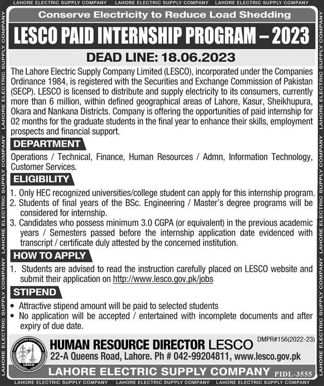 Lesco Paid Internship Peogram 2023 – Lahore Electric Supply Company LESCO Lahore Jobs 2023 — original advertisement