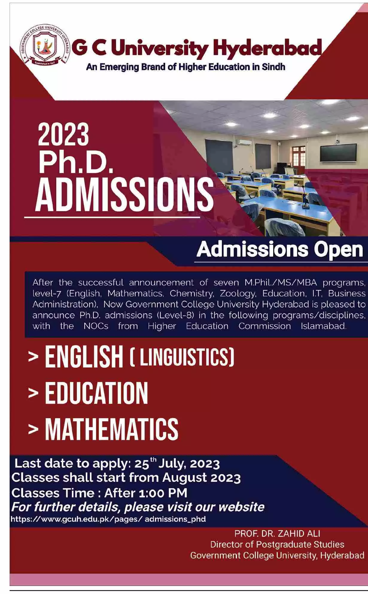 Governement College University Lahore Admissions 2023 – Government College University Lahore Admissions 2023 — original advertisement