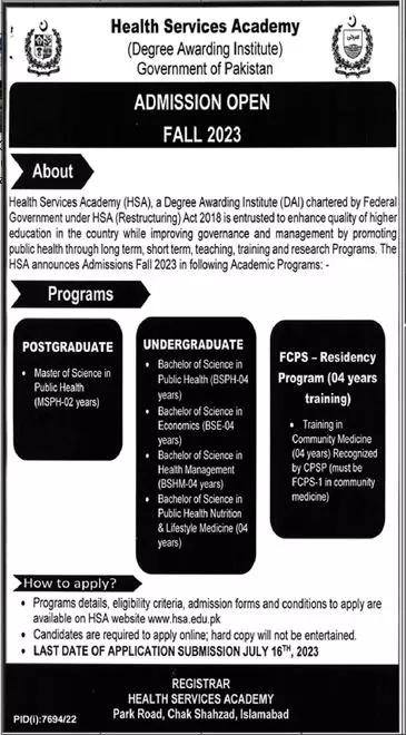 Health Services Academy Islamabad Admissions 2023 Admissions 2023 — original advertisement
