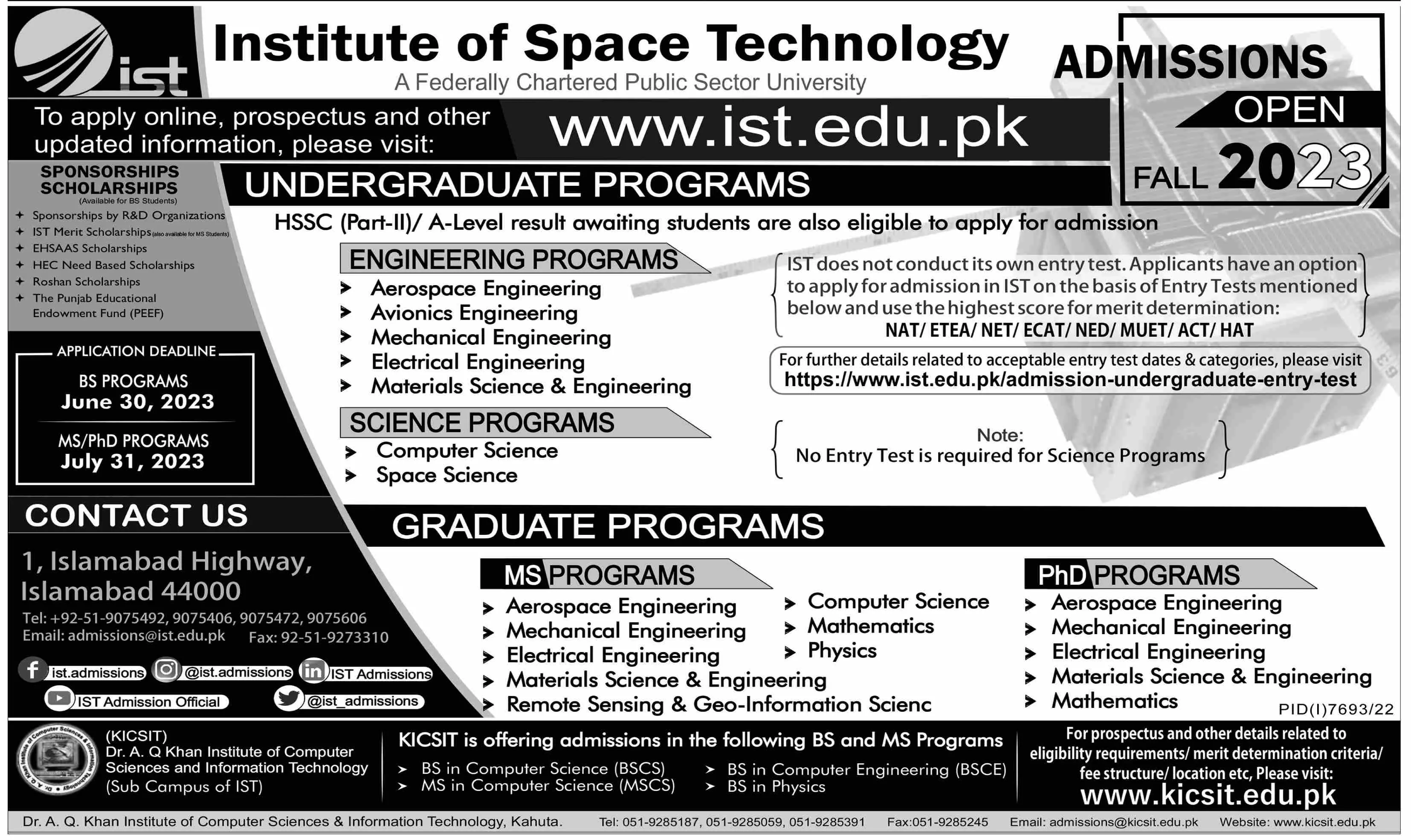 Institute of Space Technology, Islamabad. Admissions 2023 – Institute of Space Technology ITS Islamabad Admissions 2023 — original advertisement
