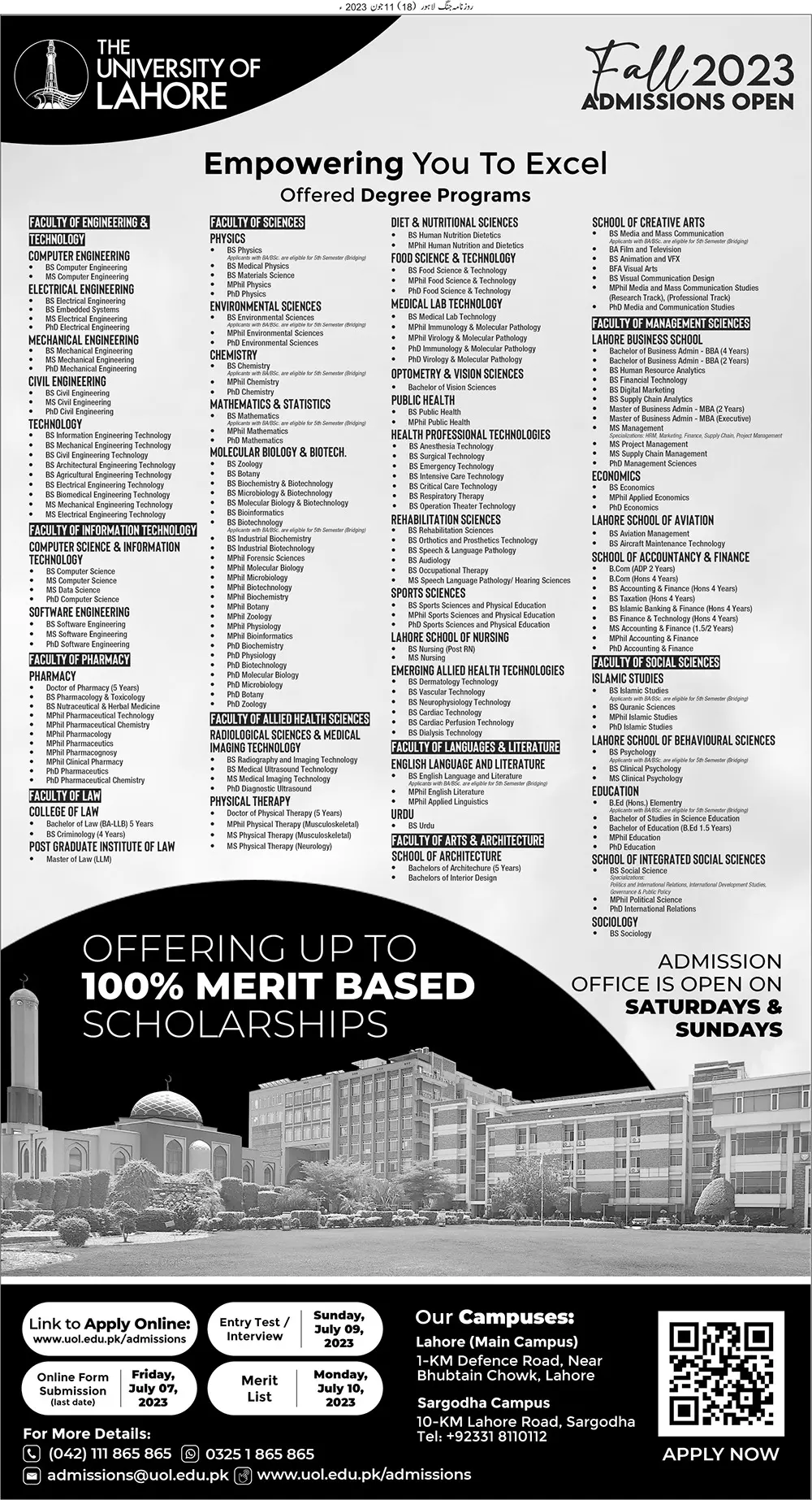 University of Lahore Punjab Admissions 2023 Admissions 2023 — original advertisement
