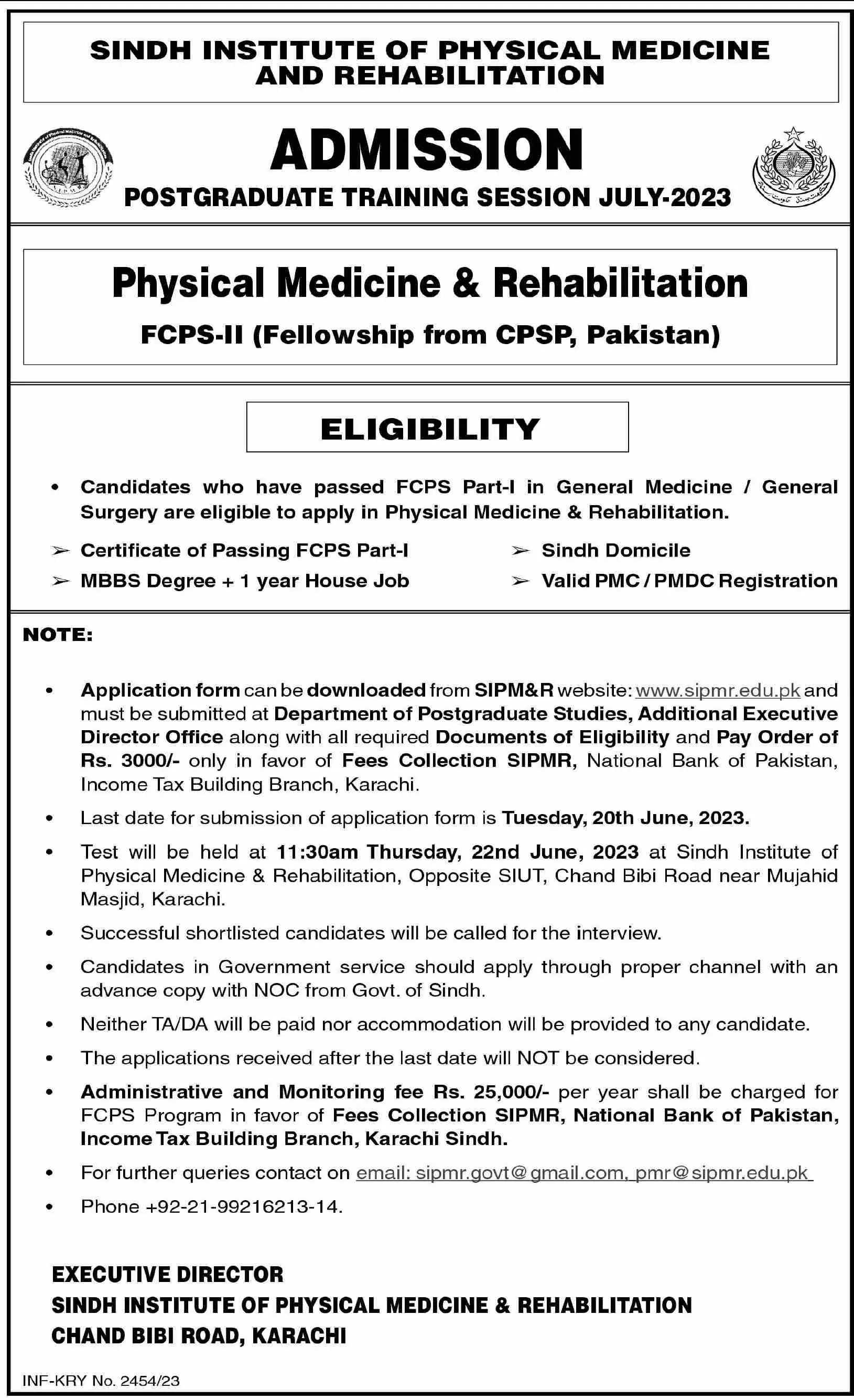Sindh Institute of Physical Medicine Admissions 2023 – Sindh Institute of Physical Medicine and Rehabilitation Admissions 2023 — original advertisement