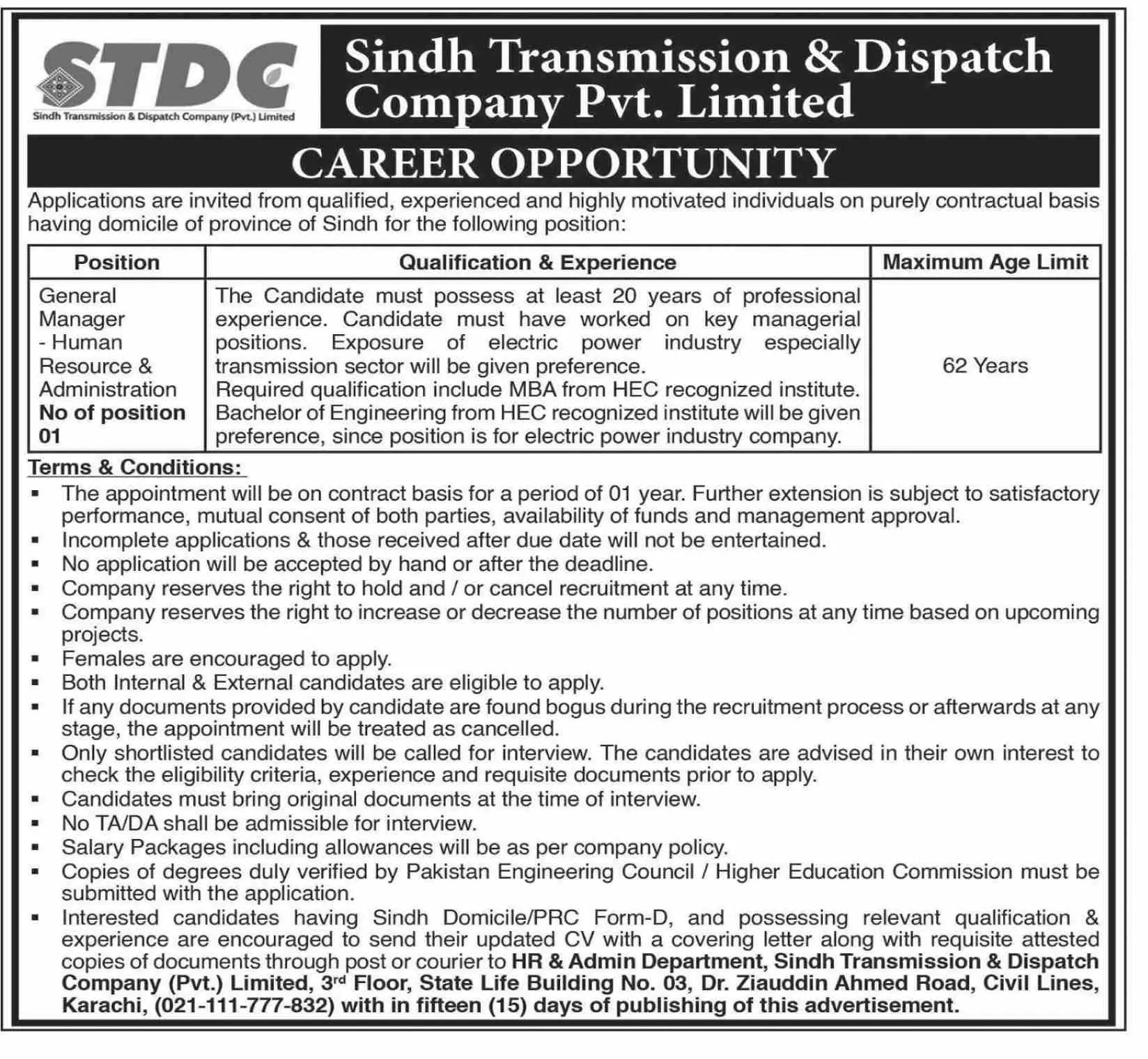 Sindh Transmission & Dispatch Company (Pvt.) Limited Jobs – Private Company Jobs 2023 — original advertisement