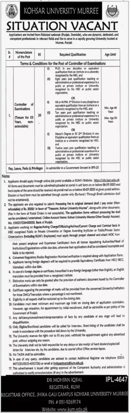 Kohsar University Murree Punjab Jobs 2023 Jobs 2023 — original advertisement