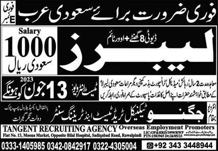 Labor Jobs In Saudi Arabia 2023 – Tangent Recruiting Agency Jobs 2023 — original advertisement
