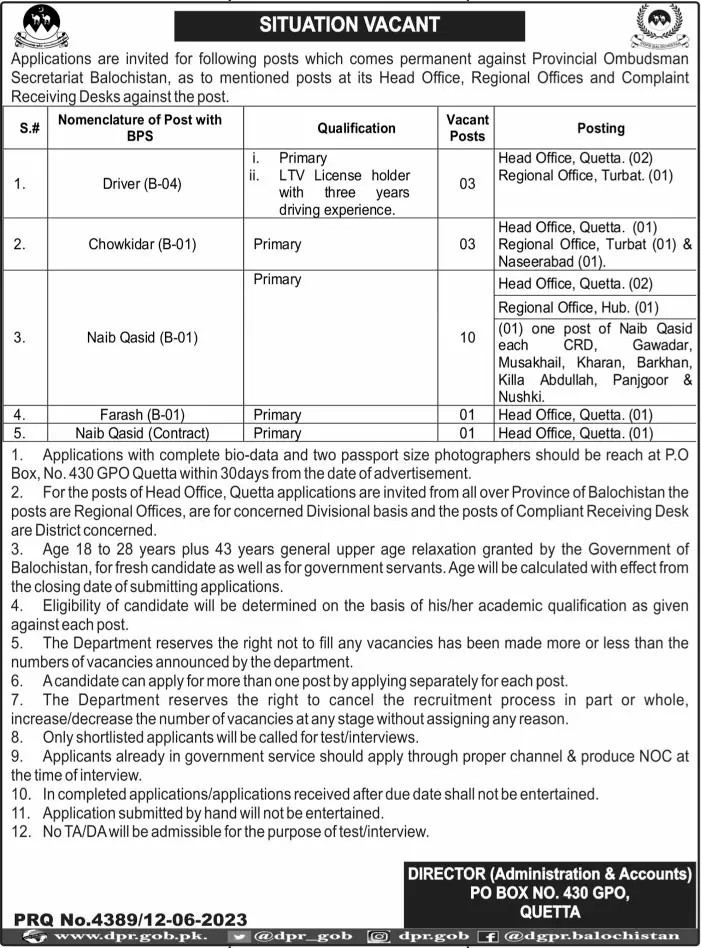 Provincial Ombudsman Secretariat Balochistan Jobs 2023 – Provincial Ombudsman Mohtasib Secretariat Balochistan Jobs 2023 — original advertisement