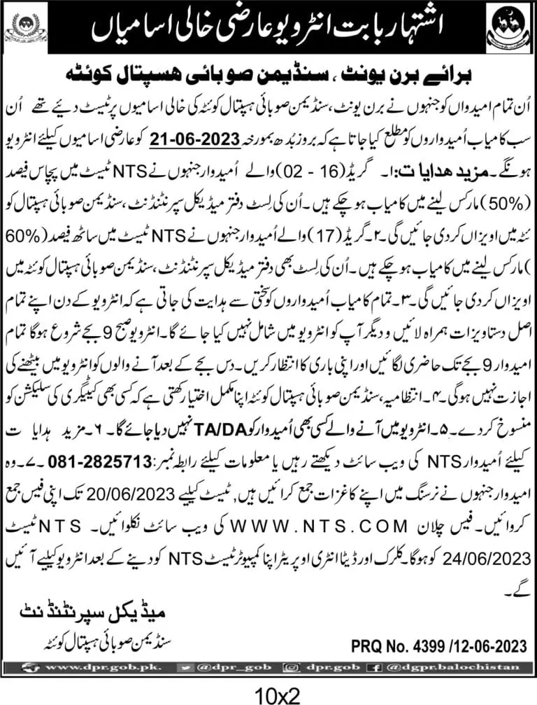 Sandeman Provisional Hospital Quetta Test Interview 2023 Jobs 2023 — original advertisement