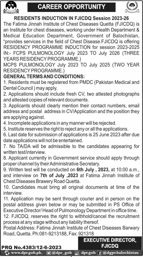 Fatima Jinnah institute of Chest Diseases Quetta Jobs 2023 – Fatima Jinnah Chest Hospital Quetta Jobs 2023 — original advertisement