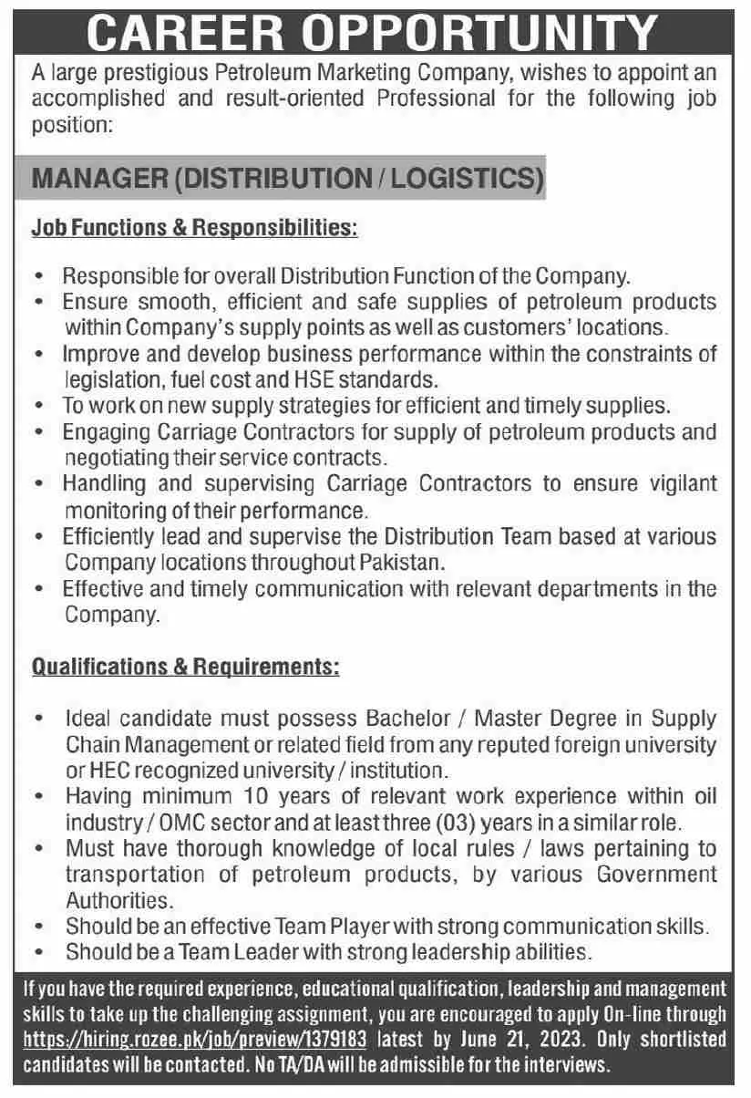 Large Prestigious Petroleum Marketing Company Jobs 2023 – Private Company Jobs 2023 — original advertisement