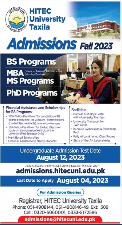 Hitech University Taxila Punjab Admissions 2023 – HITEC University Taxila Admissions 2023 — original advertisement