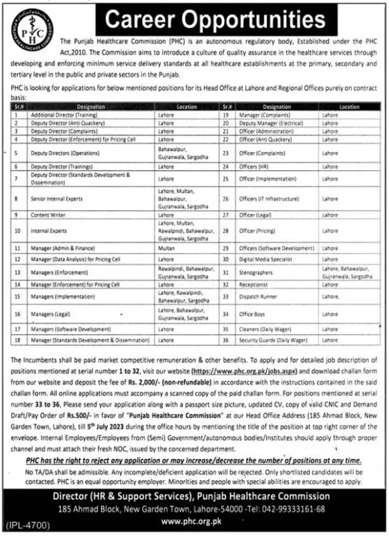 Punjab Healthcare Commission PHC Jobs 2023 Jobs 2023 — original advertisement