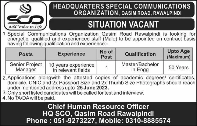 Special Communications Organization SCO Rawalpindi Jobs 2023 – Special Communication Organization Jobs 2023 — original advertisement