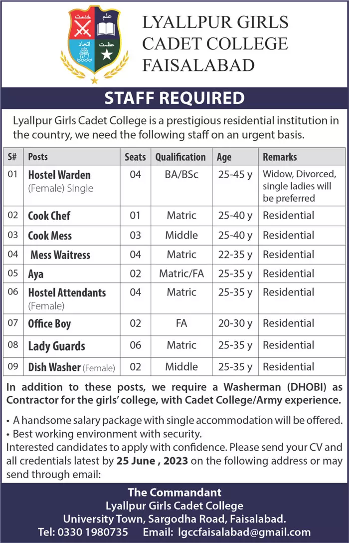 Lyallpur Girls Cadet College Faisalabad Punjab Jobs 2023 Jobs 2023 — original advertisement