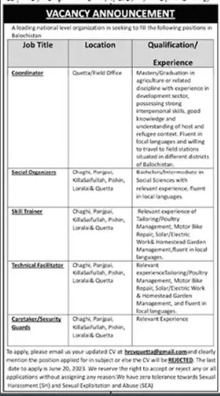 Leading National Level Organization Quetta Jobs 2023 – Public Sector Organization Jobs 2023 — original advertisement