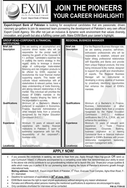 Export Import Bank Of Pakistan EXIM Islamabad Jobs 2023 – export import of pakistan Jobs 2023 — original advertisement