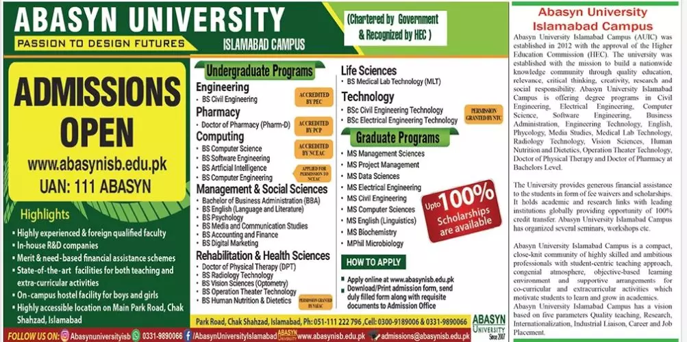 Abasyn University Islamabad Campus Admissions 2023 – Abasyn University Peshawar Admissions 2023 — original advertisement
