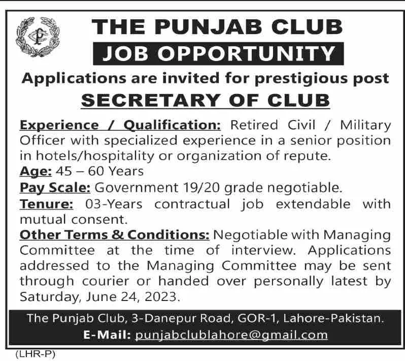 The Punjab Club Lahore Jobs 2023 Jobs 2023 — original advertisement