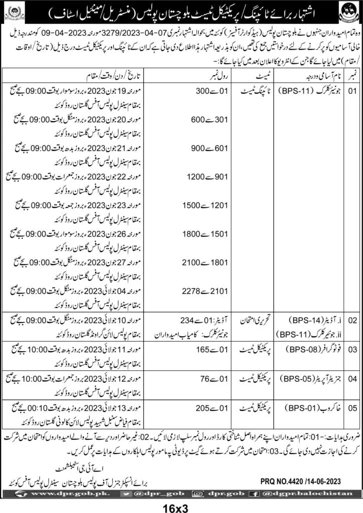Police Department Quetta Balochistan Test Interview 2023 – Balochistan Police Department Jobs 2023 — original advertisement