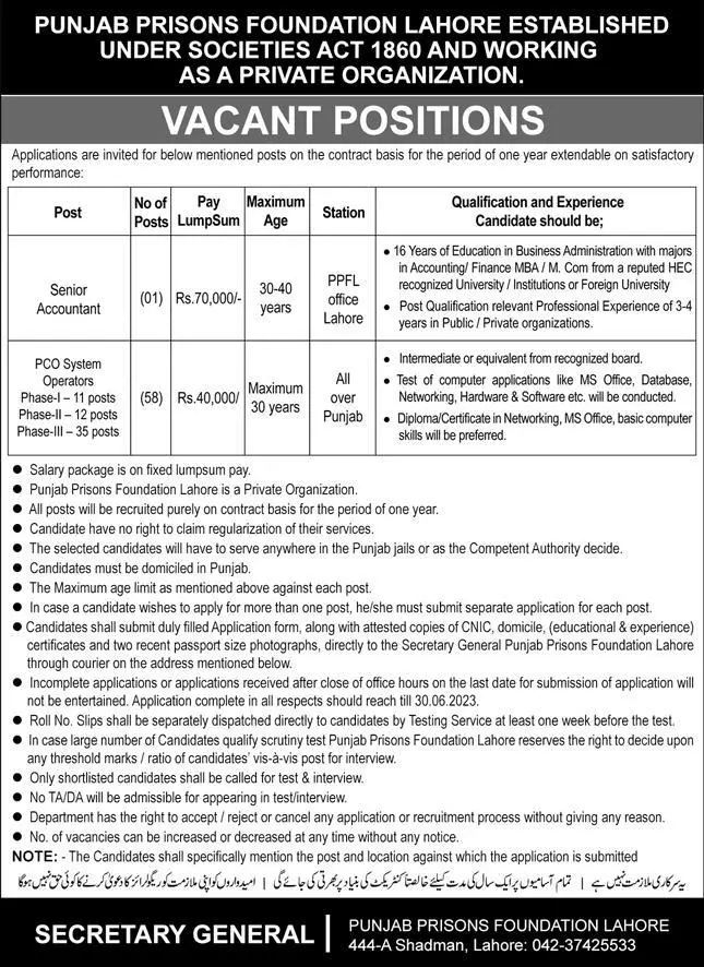 Punjab Prisons Foundation Lahore Punjab Jobs 2023 Jobs 2023 — original advertisement