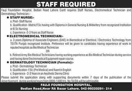 Fauji Foundation Hospital Lahore Punjab Jobs 2023 Jobs 2023 — original advertisement
