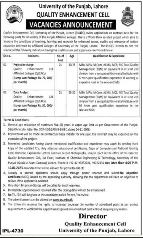 University of punjab Lahore Jobs 2023 Jobs 2023 — original advertisement