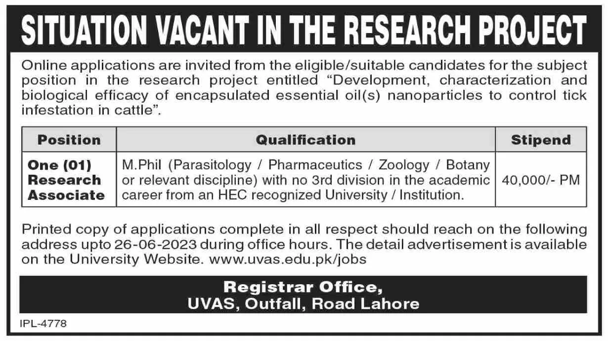 University of Veterinary and Animal Sciences UVAS Jobs 2023 – University of Veterinary and Animal Sciences Lahore Jobs 2023 — original advertisement