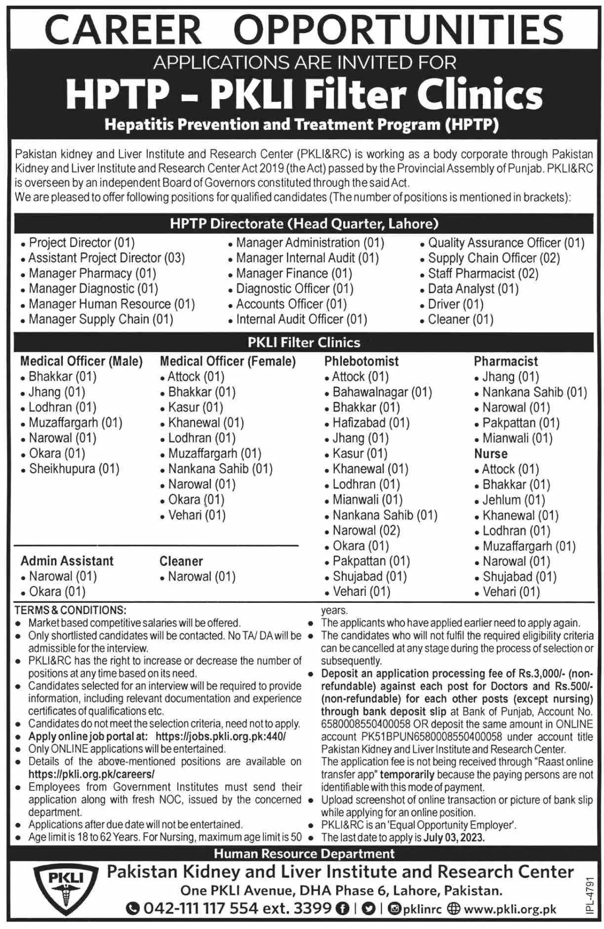 Pakistan Kidney And Liver Institute PKLI Jobs 2023 – Pakistan Kidney And Liver Institute (PKLI) And Research Centre Lahore Jobs 2023 — original advertisement