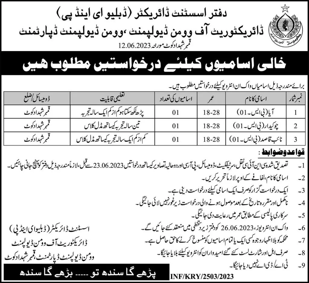 Women Development Department Qambar Shahdadkot Jobs 2023 – Women Development Department Sindh Jobs 2023 — original advertisement