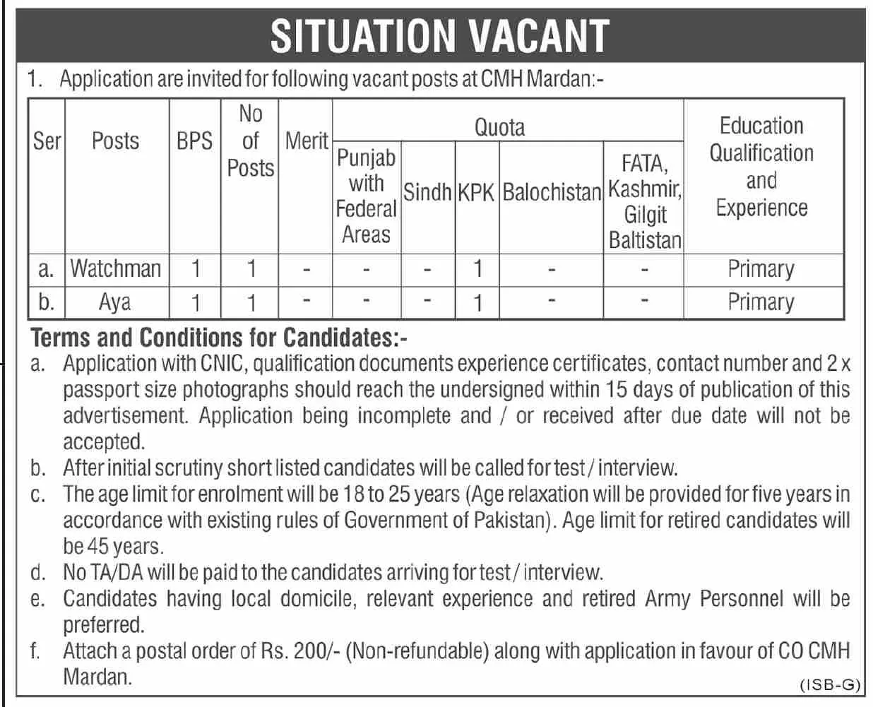 Combined Military Hospital CMH Mardan Khyber Pakhtunkhwa Job Jobs 2023 — original advertisement