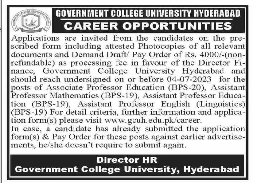 Government College University Education Hyderabad Jobs 2023 – Government College University Hyderabad Jobs 2023 — original advertisement