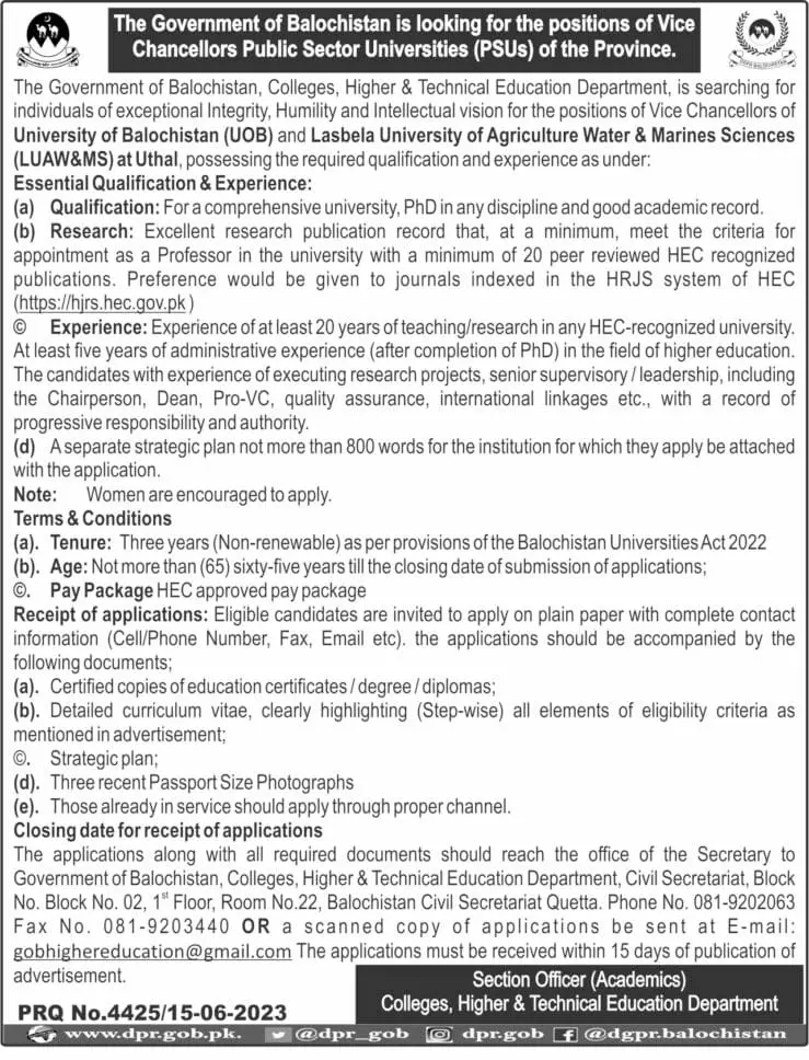 Public Sector Universities UOB and LUAWMS Jobs 2023 – Education Department Balochsitan Jobs 2023 — original advertisement