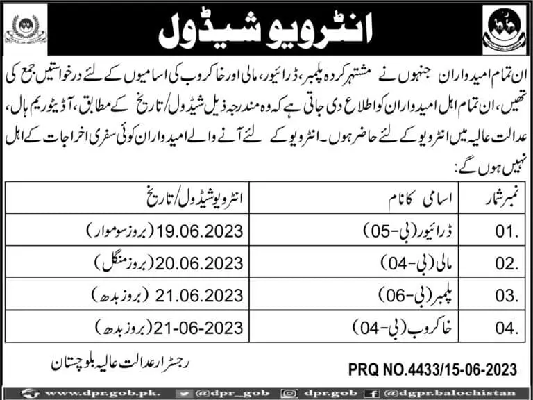 Balochistan high court Test Interview schedule 2023 Jobs 2023 — original advertisement