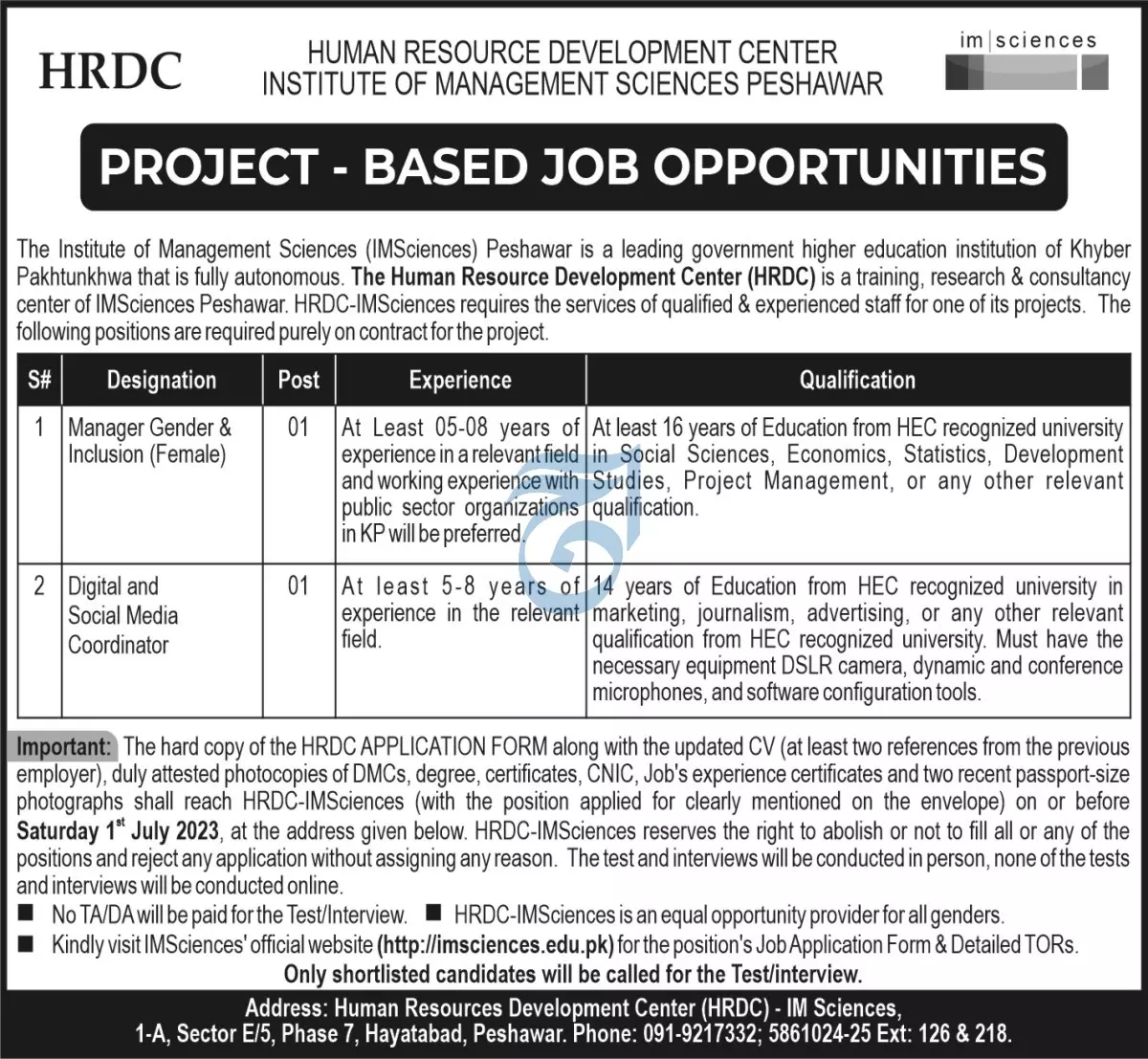 Human Resources Development Center HRDC Peshawar Jobs 2023 – Institute of Management Sciences Peshawar Jobs 2023 — original advertisement