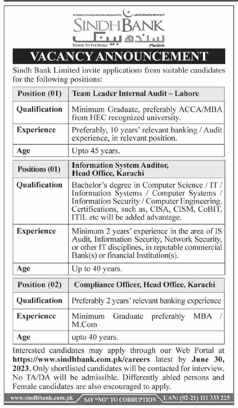 Sindh Bank Limited Karachi Sindh Jobs 2023 Jobs 2023 — original advertisement