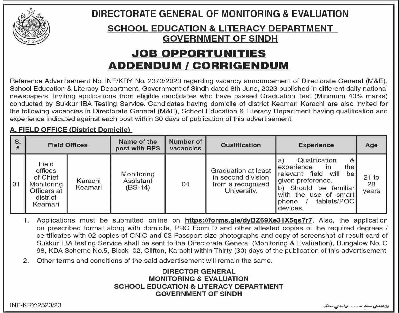 School Education & Literacy Department Sindh Jobs 2023 Jobs 2023 — original advertisement