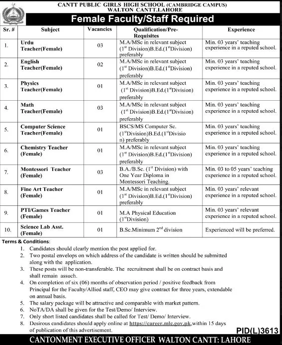 Cantt Public girls School Waltton Cantt Lahore Jobs 2023 – Pakistan Army Jobs 2023 — original advertisement