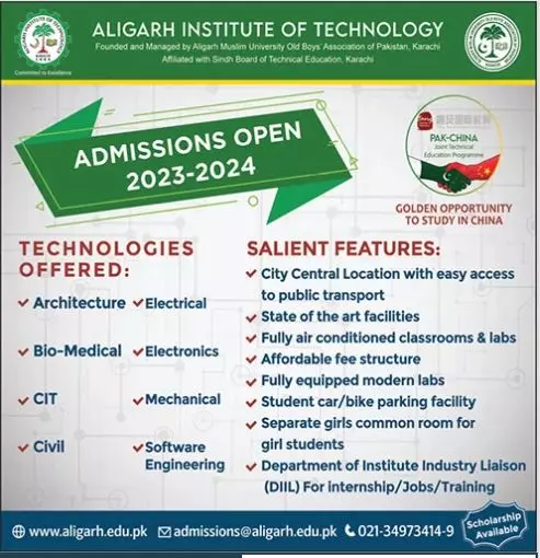 Aligarh Institute of Technology Karachi Admissions 2023-2024 Admissions 2023 — original advertisement